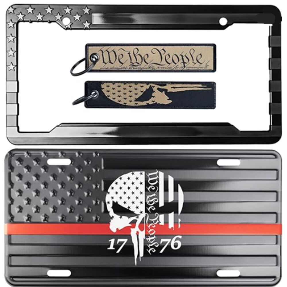 Black 1776 USA Flag License Plates with 2 Long Stitched Keychains
